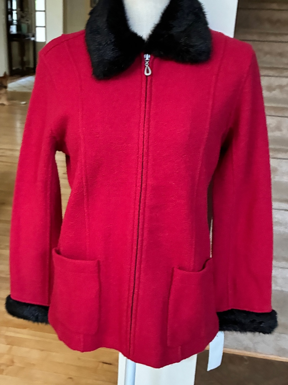 Alexandra Bartlett Red Wool Zip-Front Pea Coat with Black Faux Fur Trim